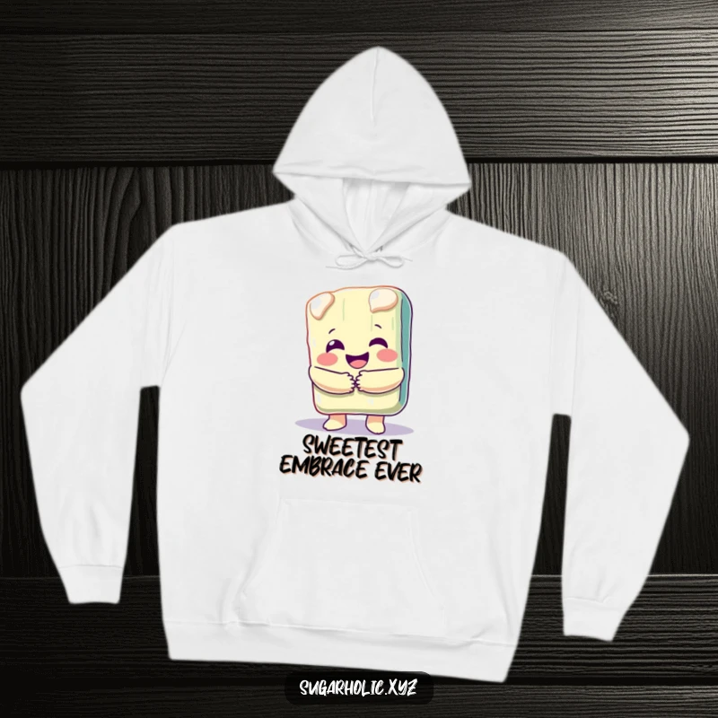 Funny hoodie featuring a happy, melting candy bar character giving a big, warm hug, exuding sweetness and comfort.