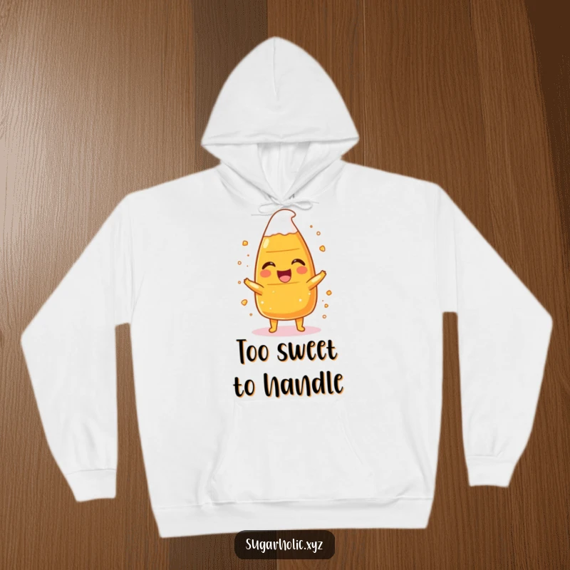Funny candy corn character in a fit of giggles, dusted with sugar, featured on a warm and humorous hoodie.