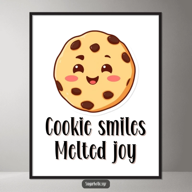 Funny free printable wall art of a cheerful chocolate chip cookie character beaming and melting with happiness.