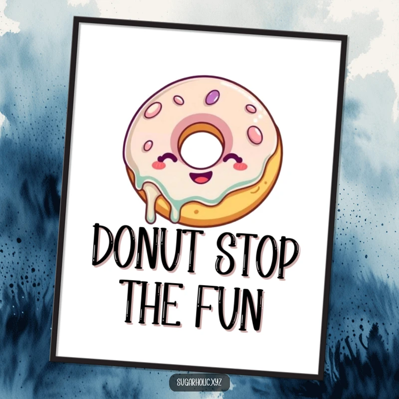 Funny free printable wall art: a delighted donut with a glaze drip wiggling with glee, sweet wall decor.
