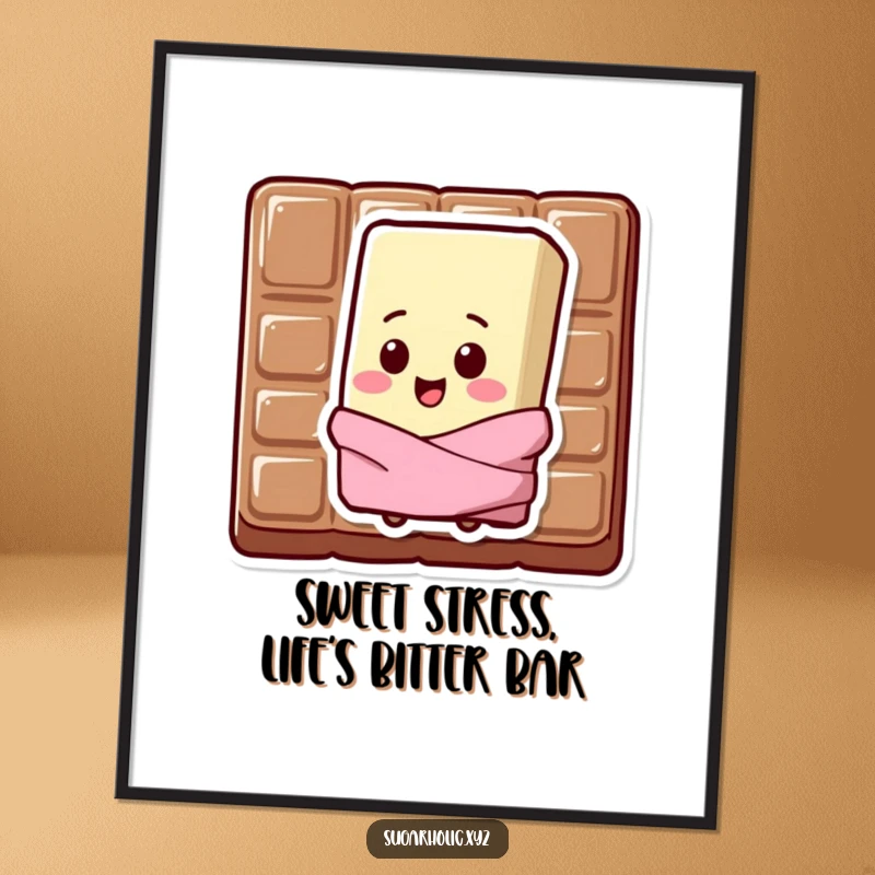 Funny Free Printable Chocolate Bar Wall Art: A sweating chocolate bar character with a happy chip on its shoulder displays a humorous attitude.