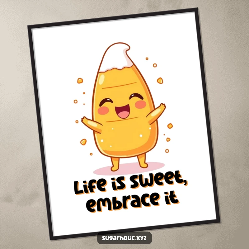 Funny free printable wall art of a candy corn character in stitches laughing as it gets dusted with sugar.