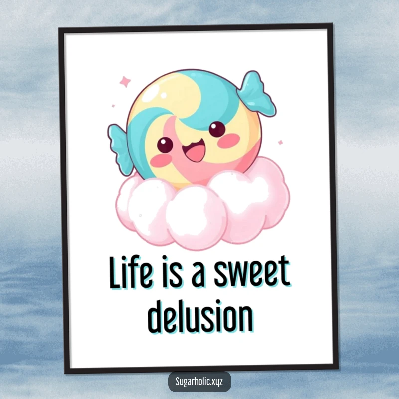 Funny Free Printable Wall Art: Delighted candy piece floating on a cloud of sugar, creating a whimsical atmosphere.