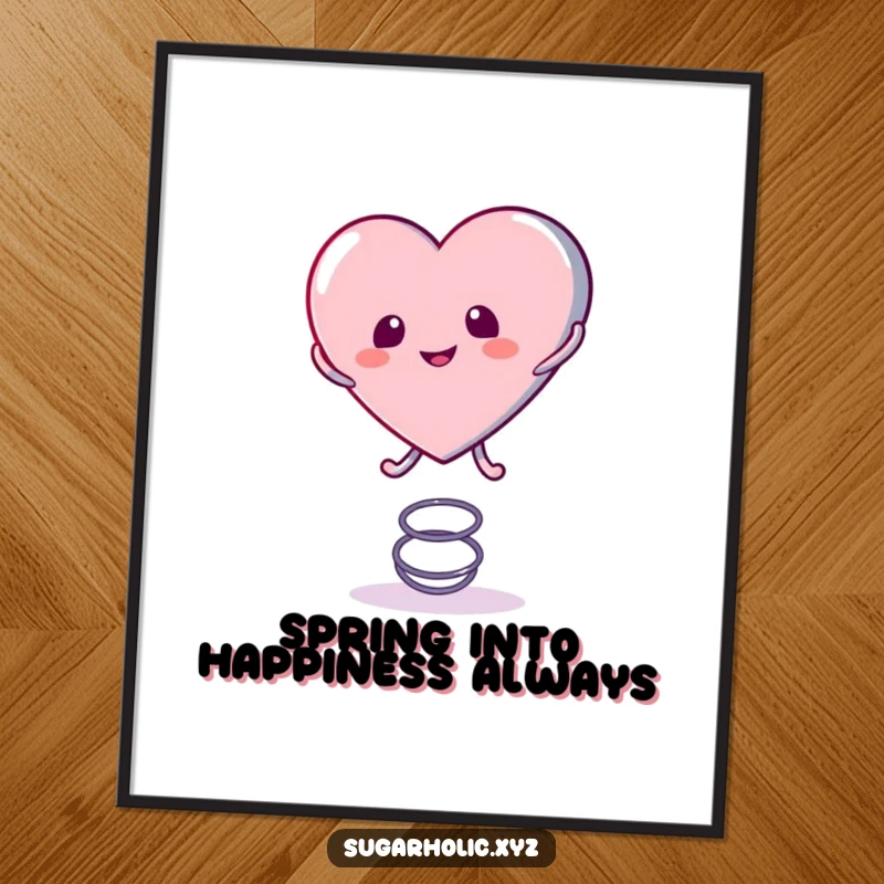Funny Free Printable Wall Art: A cute candy heart character in mid-bounce, playfully jumping on a coiled spring.