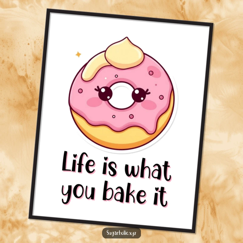 Funny Free Printable Wall Art: A happy donut character with slightly melting frosting, bringing sweet vibes to your decor.