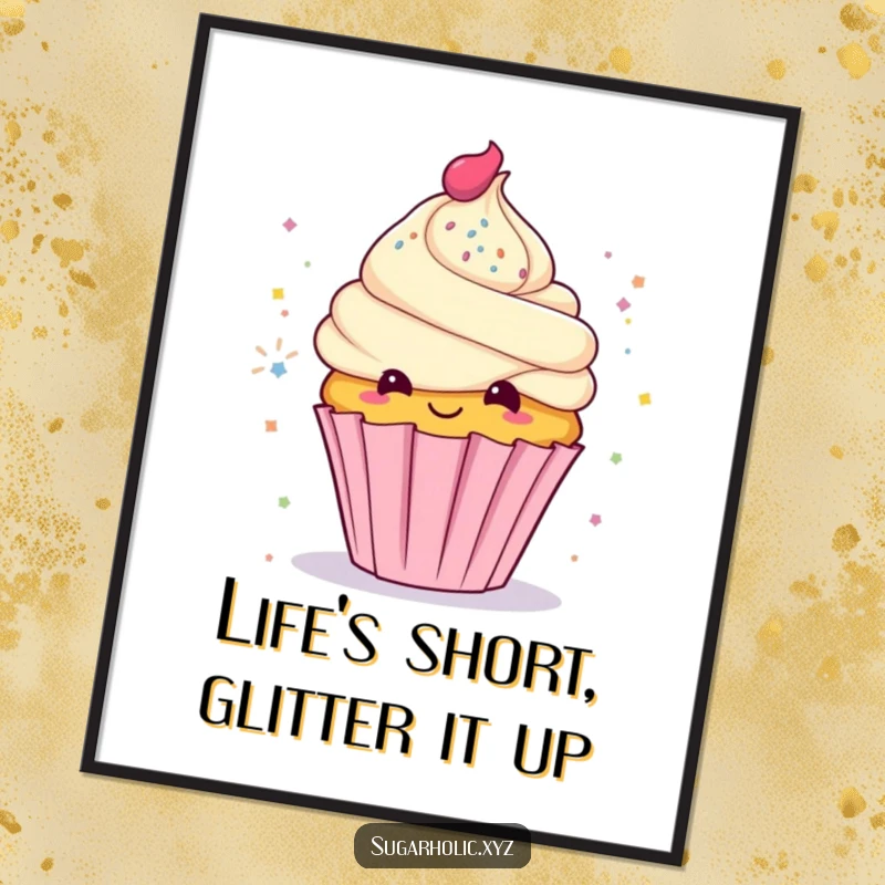 Funny Free Printable Wall Art: A mischievous cupcake character grinning while tossing a celebratory handful of glitter.