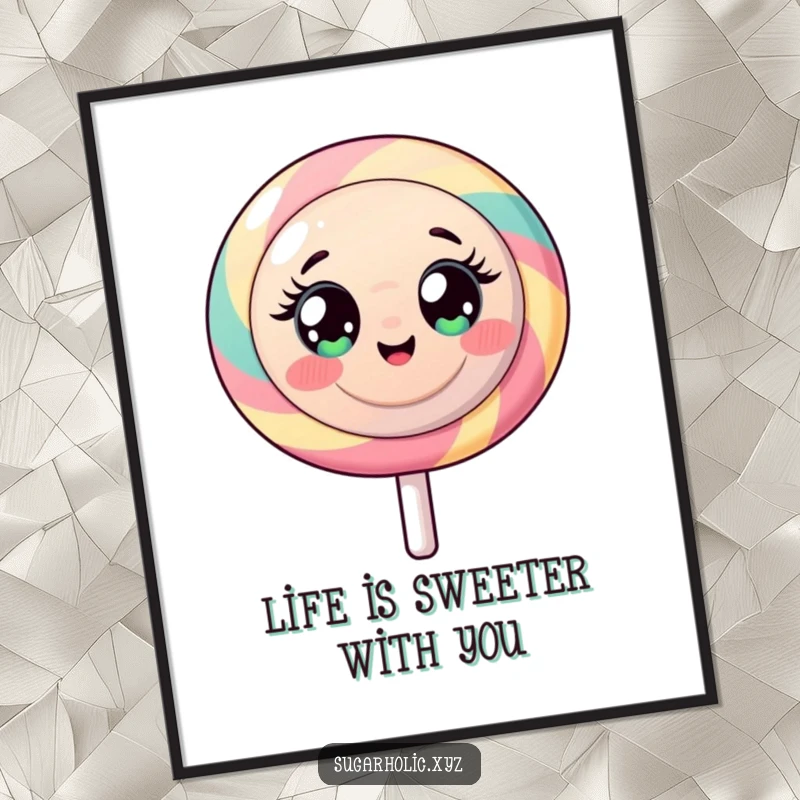 Funny Free Printable Wall Art: A round lollipop character with wide eyes radiating infectious sugary energy, perfect for a fun room.
