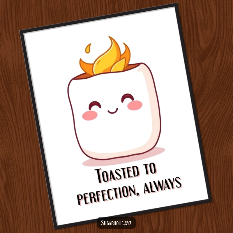 Funny Free Printable Wall Art: A blushing marshmallow cheerfully being toasted, radiating warmth, comfort, and sweet appeal.