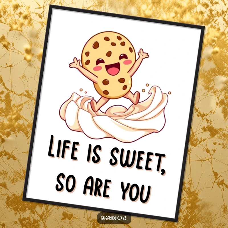 Funny Free Printable Wall Art: A cookie character in mid-air, joyfully leaping into a thick, creamy swirl of frosting.