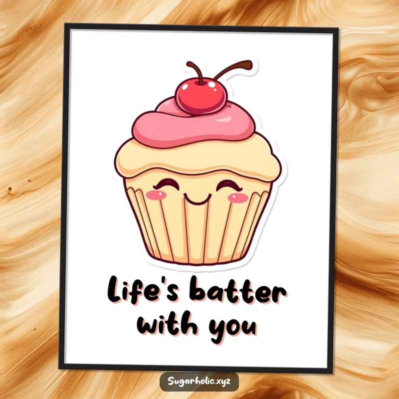 Funny Free Printable Wall Art: A smiling cupcake with a cherry on top captured mid-bounce with pure delight.