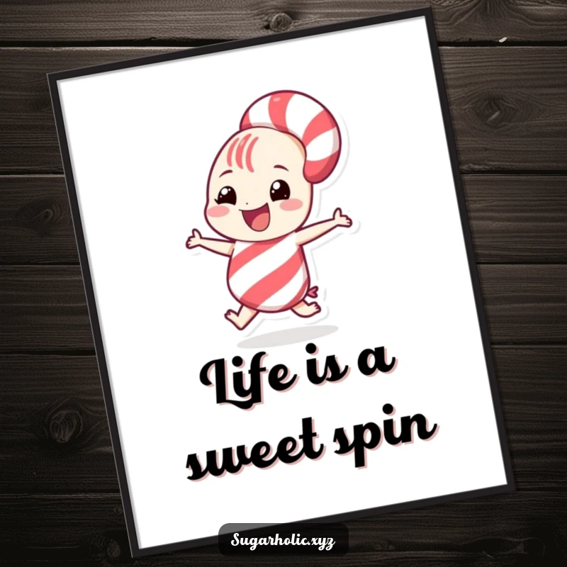 Funny Free Printable Wall Art: A grinning candy cane character captured mid-spin, exuding playful energy and a sweet, whimsical charm.