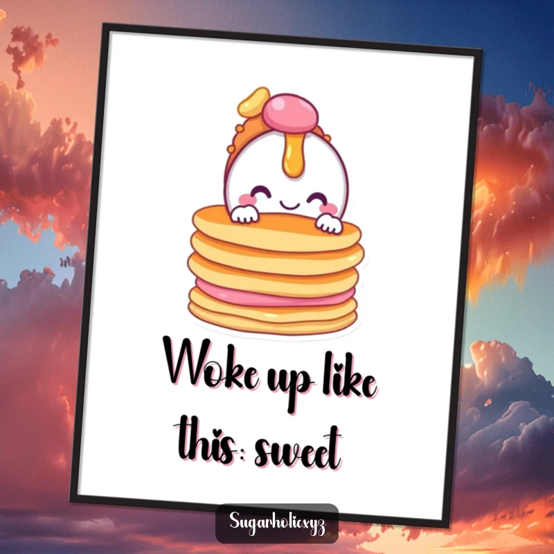 Funny free printable wall art of a smiling candy character peeking from behind a tasty stack of pancakes.