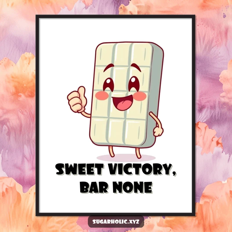 Funny Free Printable Wall Art featuring a smiling chocolate bar character striking a powerful celebratory fist pump.