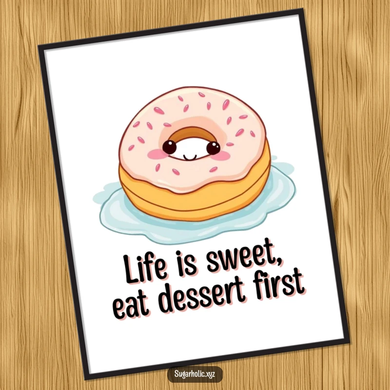 Funny free printable wall art of a happy donut character swimming joyfully in a large pool of sweet frosting.