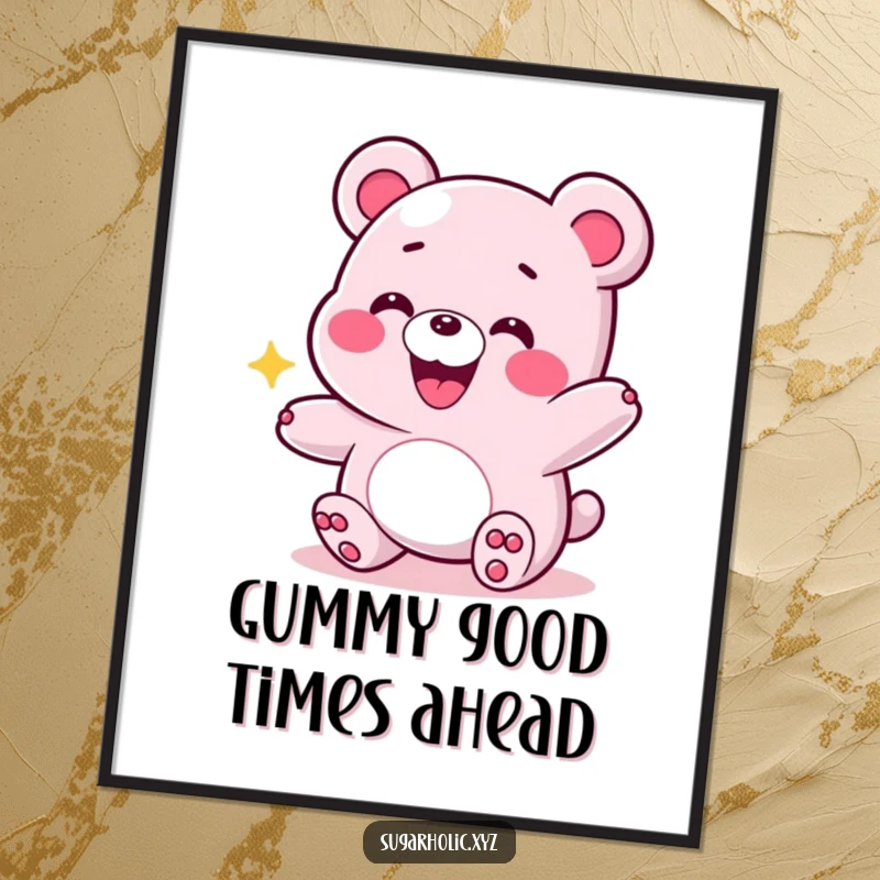 Funny free printable wall art of a grinning gummy bear with an energetic bounce, a playful and humorous decor piece.