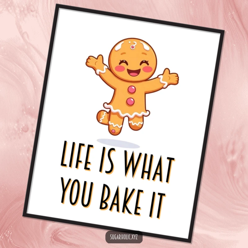 Funny Free Printable Wall Art of a smiling gingerbread man performing a joyful pirouette surrounded by sugar, a sweet and downloadable decor item.