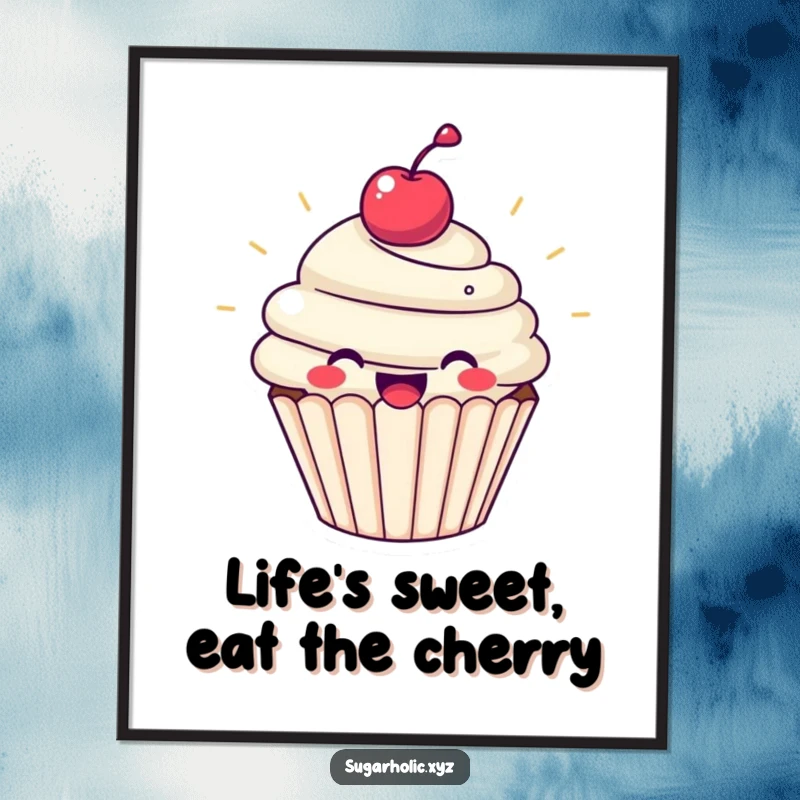 Funny Free Printable Wall Art: A super happy cupcake with a cherry on top, radiating infectious joy and cheer.