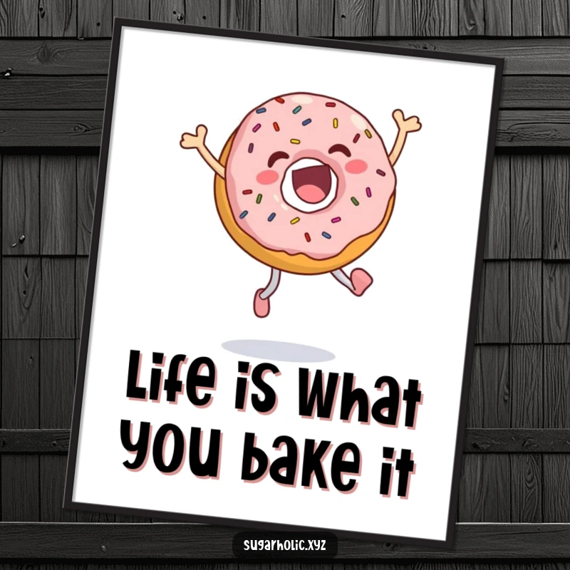 Funny Free Printable Wall Art: An ecstatic donut covered in sprinkles is captured mid-leap with pure joy.