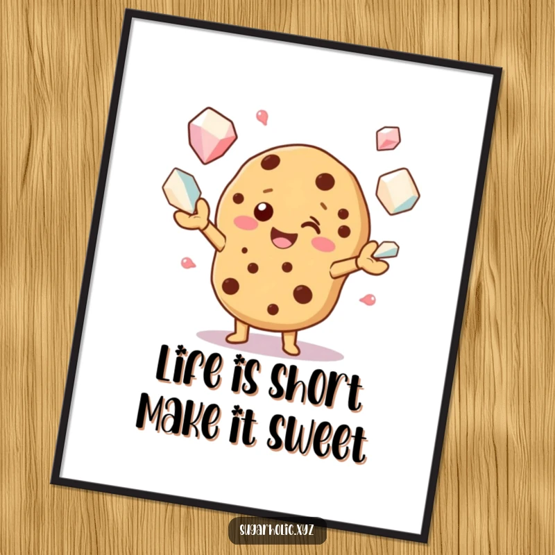 Funny Free Printable Wall Art: A happy cookie character juggles an abundance of oversized sugar crystals, creating a delightful, sweet scene.