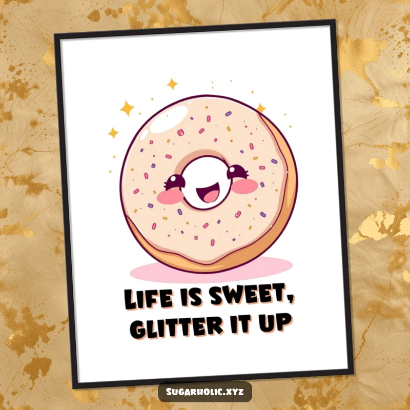 Funny Free Printable Wall Art: A sparkling donut character joyfully sprinkles glitter, creating a whimsical and eye-catching piece of decor.