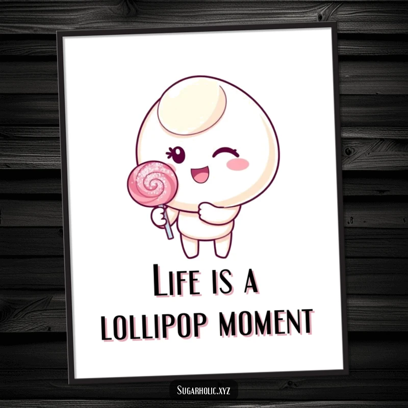 Funny free printable wall art of a candy character giving a cheerful wink while holding a glittering, sparkling lollipop.