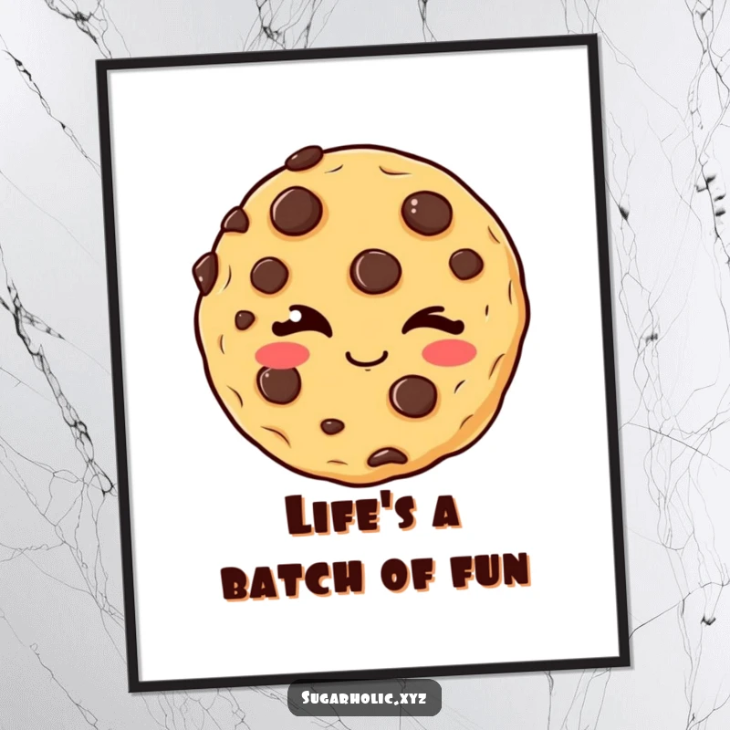 Funny Free Printable Wall Art: A delighted cookie with chocolate chips is captured winking mischievously.