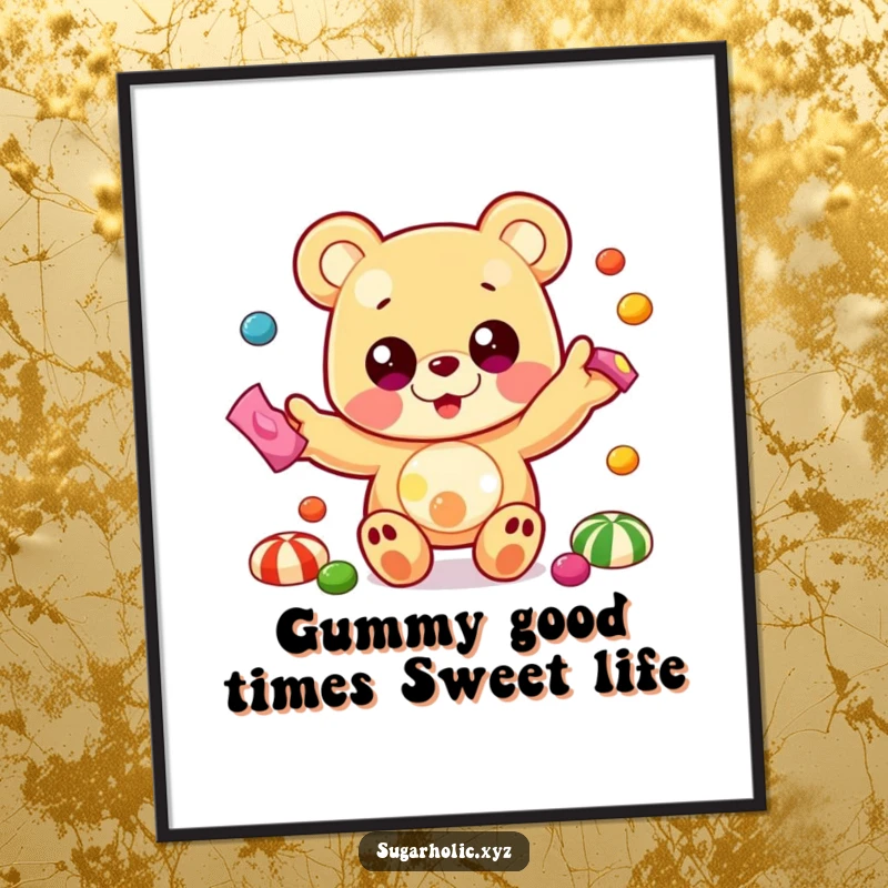 Funny free printable wall art of a beaming gummy bear with oversized eyes, masterfully juggling a vibrant mix of colorful candies.