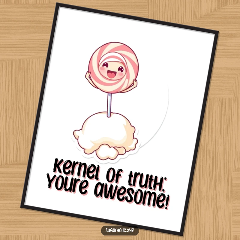 Funny free printable wall art depicting a delighted lollipop character energetically bouncing on a giant popcorn kernel.