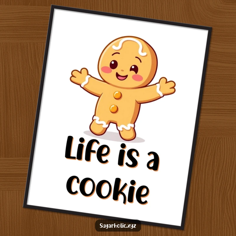 Funny Free Printable Wall Art: A smiling gingerbread cookie character doing a joyous happy jig, radiating warmth and fun.