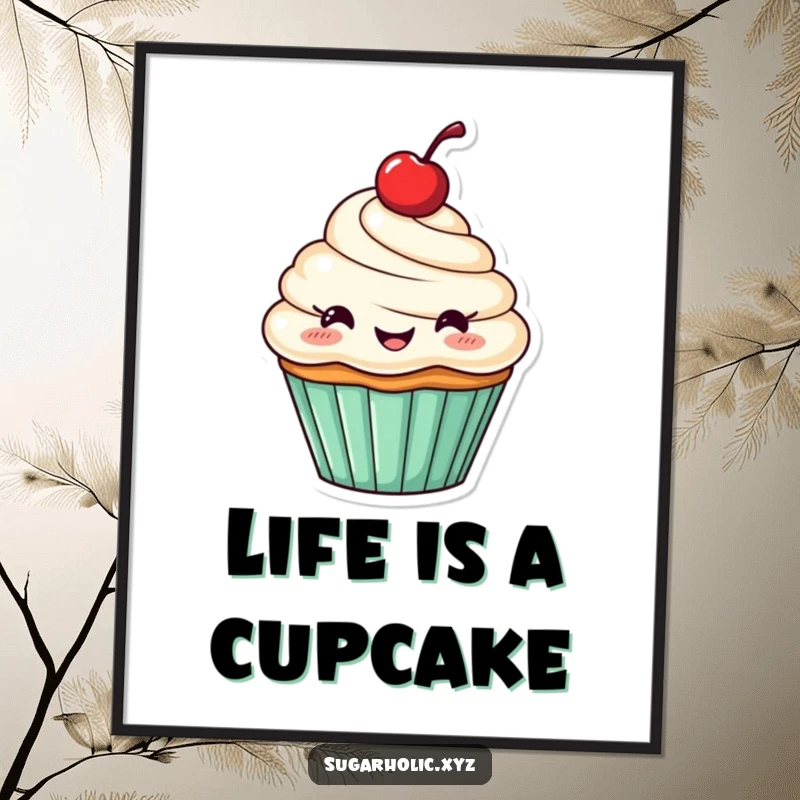 Funny Free Printable Wall Art: A cheerful cupcake with a cherry on top, enthusiastically cheering and looking adorable.