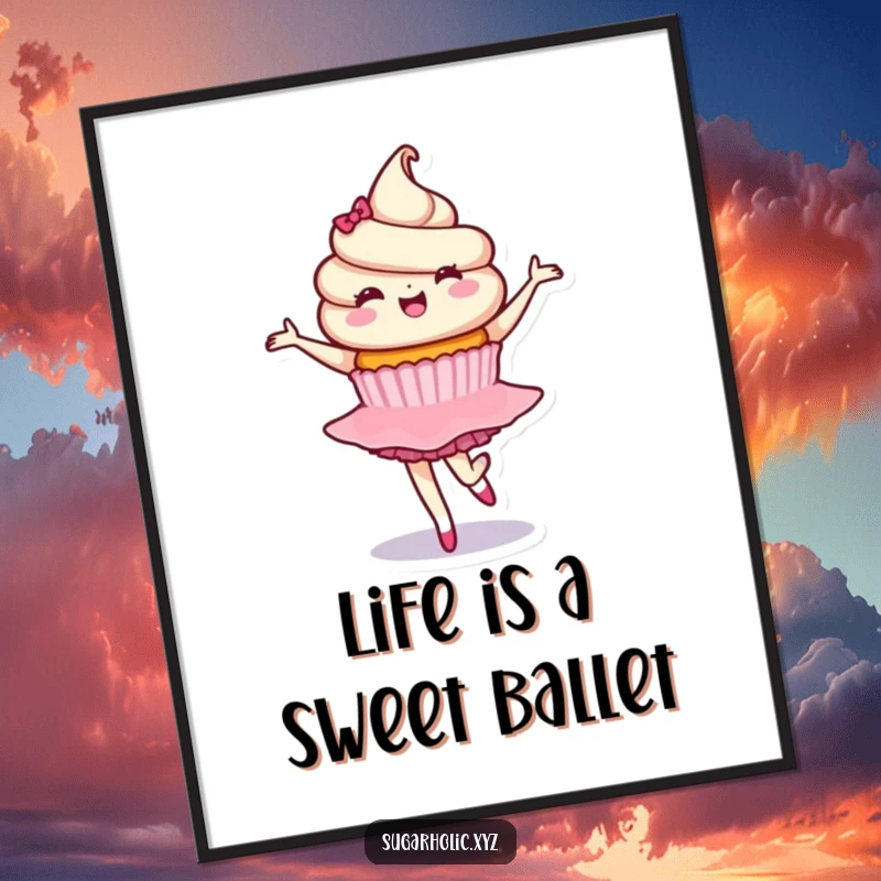 Funny Free Printable Wall Art: Delighted cupcake character in a graceful ballet twirl, bringing artistic flair.