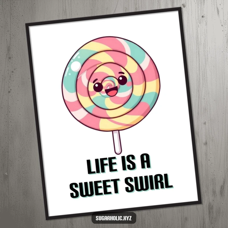 Funny free printable wall art of a happy lollipop with a swirling pattern spinning around, a sweet and quirky decor piece.