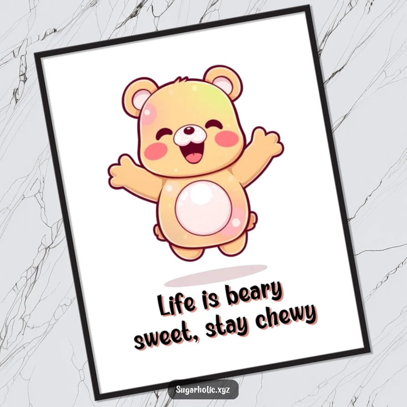 Funny Free Printable Wall Art depicting a delighted gummy bear character in a dynamic, celebratory jump.