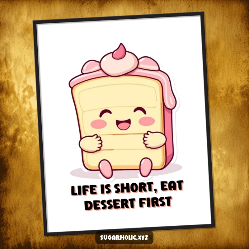 Funny Free Printable Wall Art: A smiling slice of cake with frosting giving a big hug, perfect for kitchen decor.