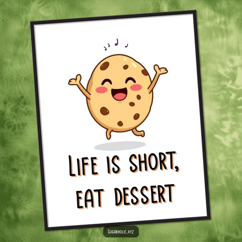 Funny Free Printable Wall Art of a happy cookie enthusiastically dancing while holding a sugar sprinkle, a delightful downloadable decor item.