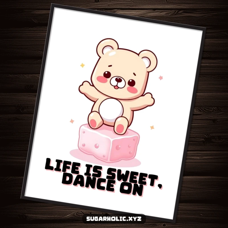 Funny free printable wall art showing a cheerful gummy bear doing a silly dance on a floating sugar cube.