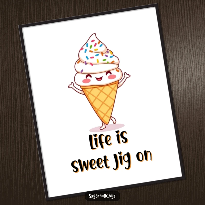 Funny Free Printable Wall Art: A happy ice cream cone with colorful sprinkles doing a lively jig. Perfect quirky downloadable decor.