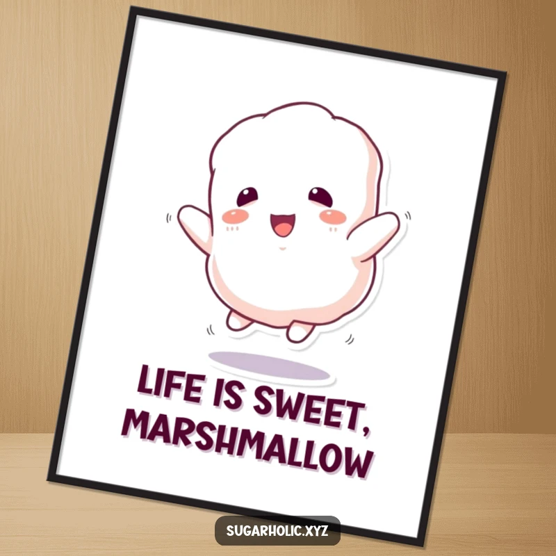 Free Printable Wall Art: A fluffy marshmallow character bounces with unrestrained joy, a whimsical DIY decor.
