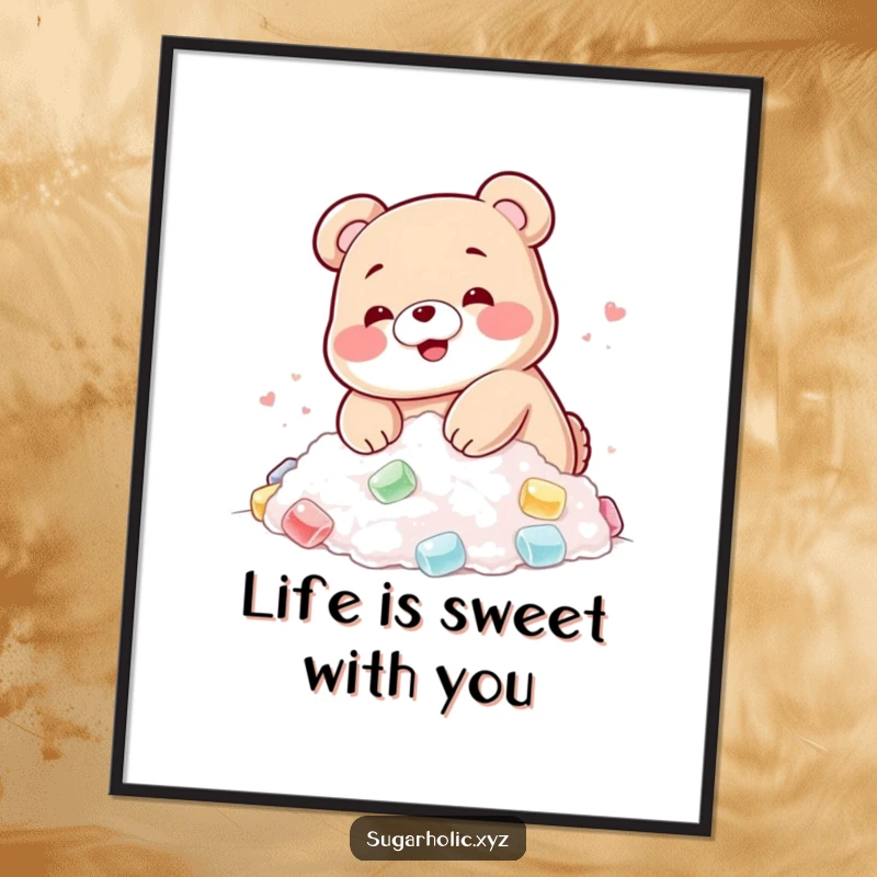 Funny Free Printable Wall Art of a blushing gummy bear joyfully diving headfirst into a pile of glistening sugar, a sweet and downloadable decor item.