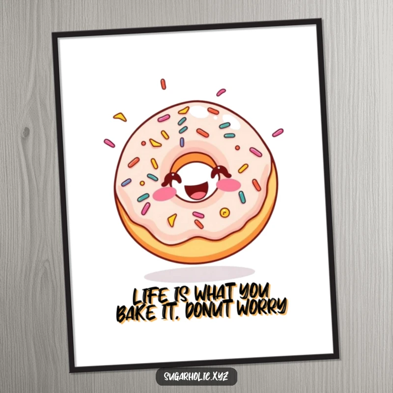Funny Free Printable Wall Art: A happy doughnut covered in sprinkles bounces with pure sugary joy.