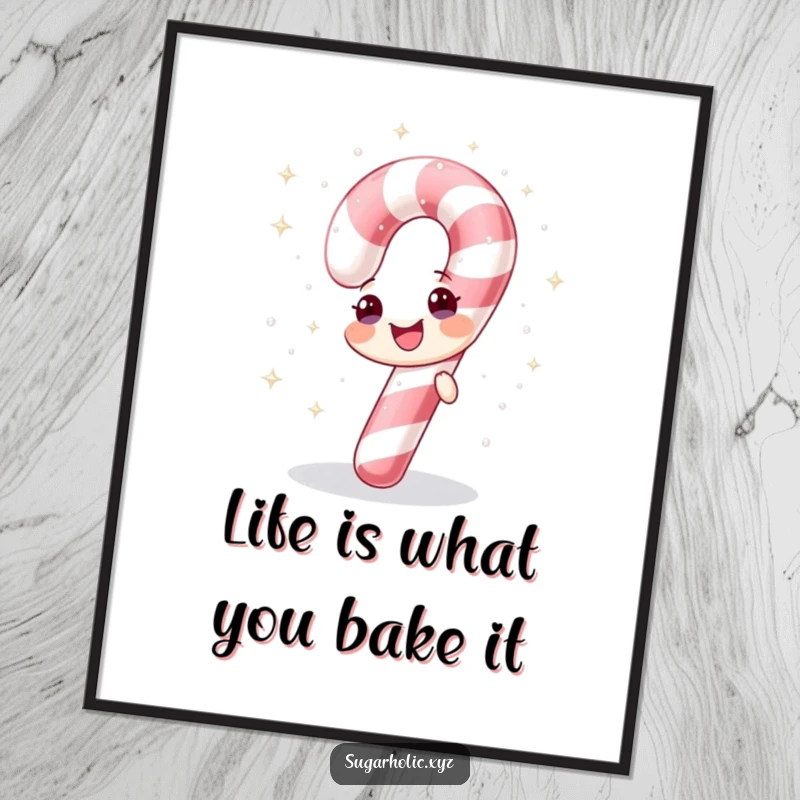 Funny Free Printable Wall Art of a cheerful candy cane joyfully showering itself with sparkling sugar, a festive and downloadable decor item.