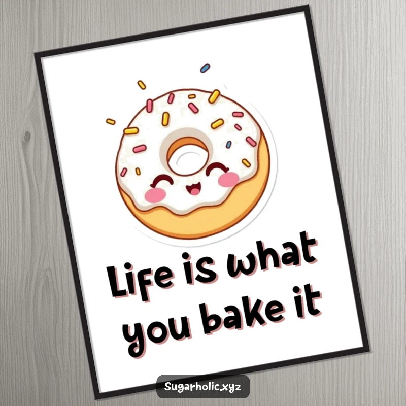 Funny Free Printable Wall Art: A surprised donut character winks playfully, caught in a vibrant shower of colorful sprinkles.