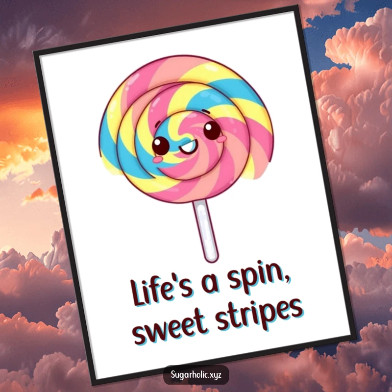 Funny Free Printable Wall Art: A gleeful lollipop with rainbow stripes spinning at maximum speed, creating vibrant art.