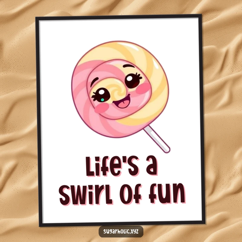 Funny free printable wall art: a giggling lollipop spinning with a cheerful expression, adding fun to decor.