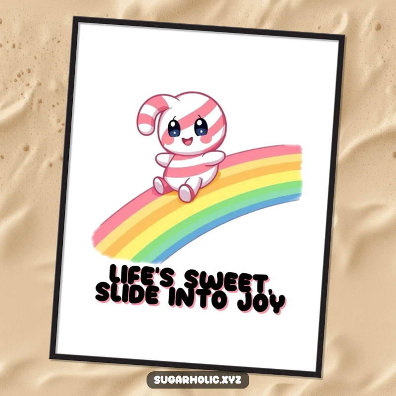 Funny free printable wall art of a candy cane character with wide eyes joyfully sliding down a bright rainbow.