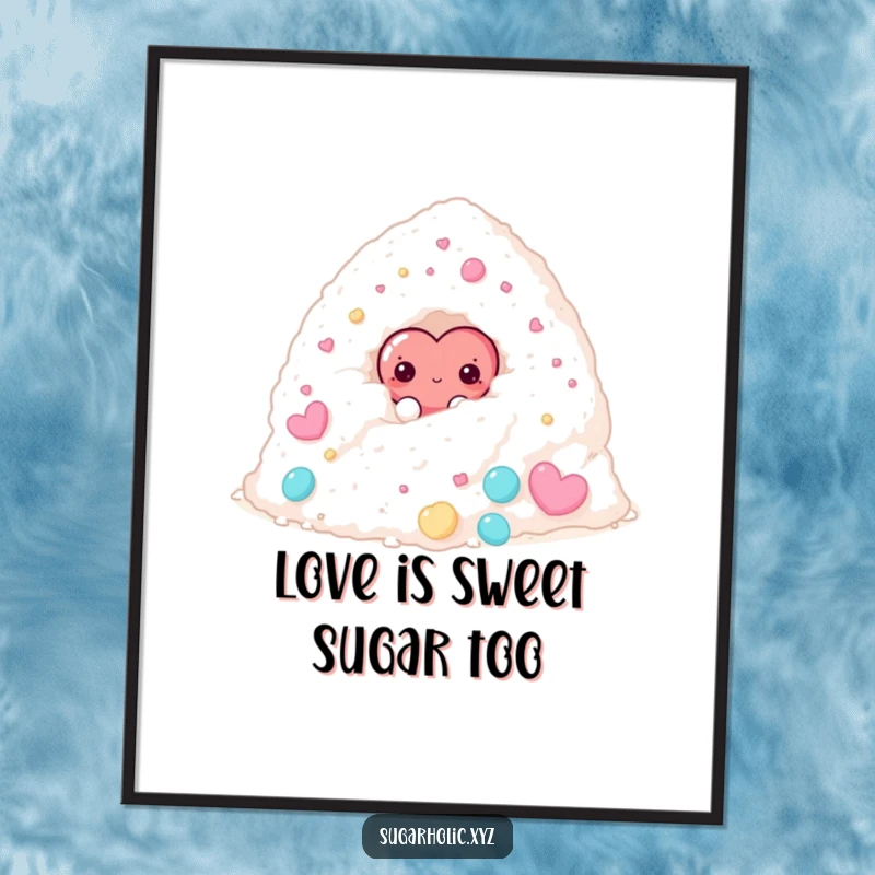 Funny Free Printable Wall Art: A timid candy heart character peeks shyly from behind an enormous mound of sugar, creating a sweet scene.