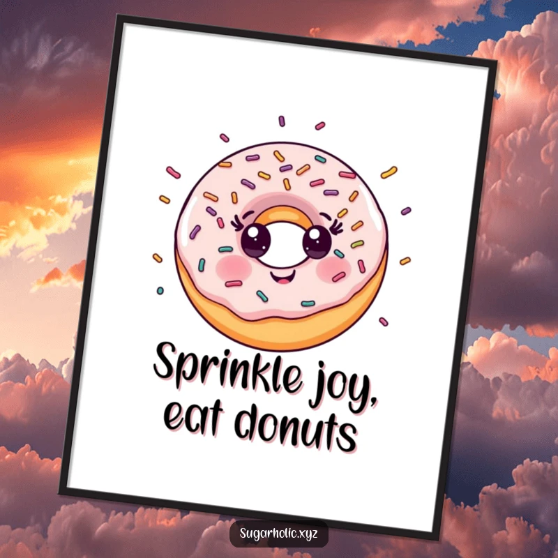 Funny Free Printable Wall Art: A smiling donut character with a joyful explosion of colorful sprinkles, perfect for a fun room.
