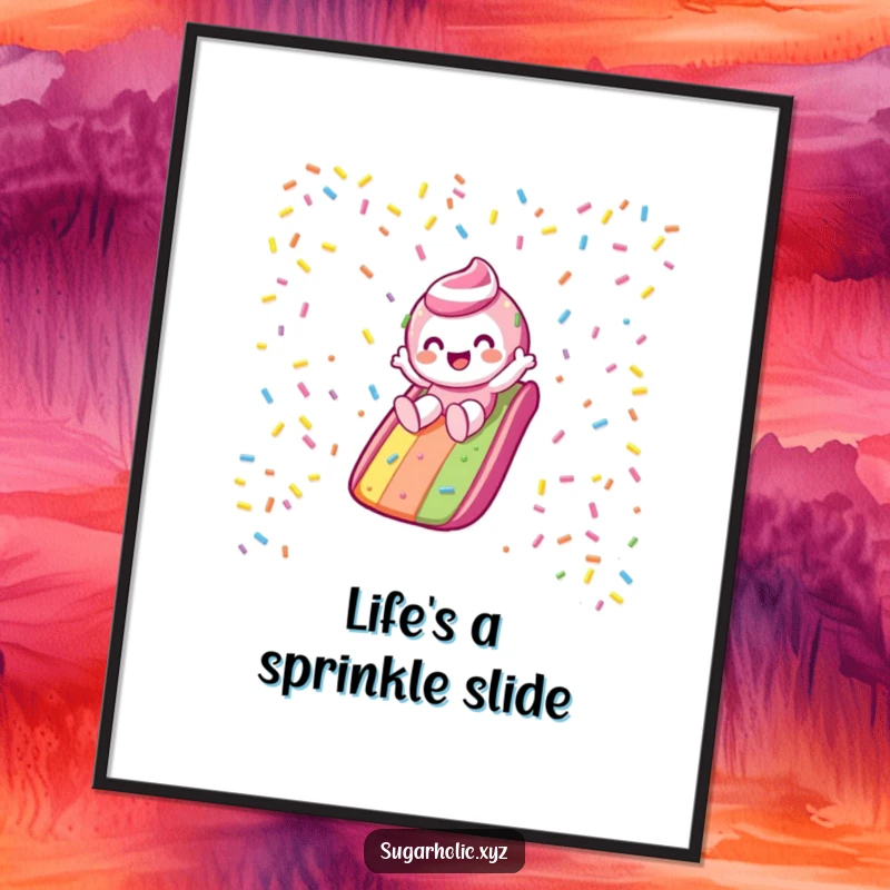 Funny Free Printable Wall Art: A candy character gleefully slides down a vibrant rainbow sprinkle slide, creating a fun and colorful scene.