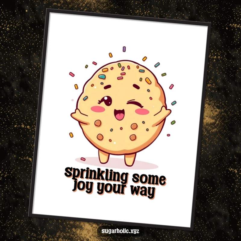Funny Free Printable Wall Art featuring a winking cookie character showering colorful sprinkles, perfect for a fun and quirky space.