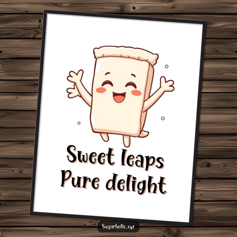 Funny free printable wall art of a smiling anthropomorphic sugar packet character leaping with absolute, unbridled joy.